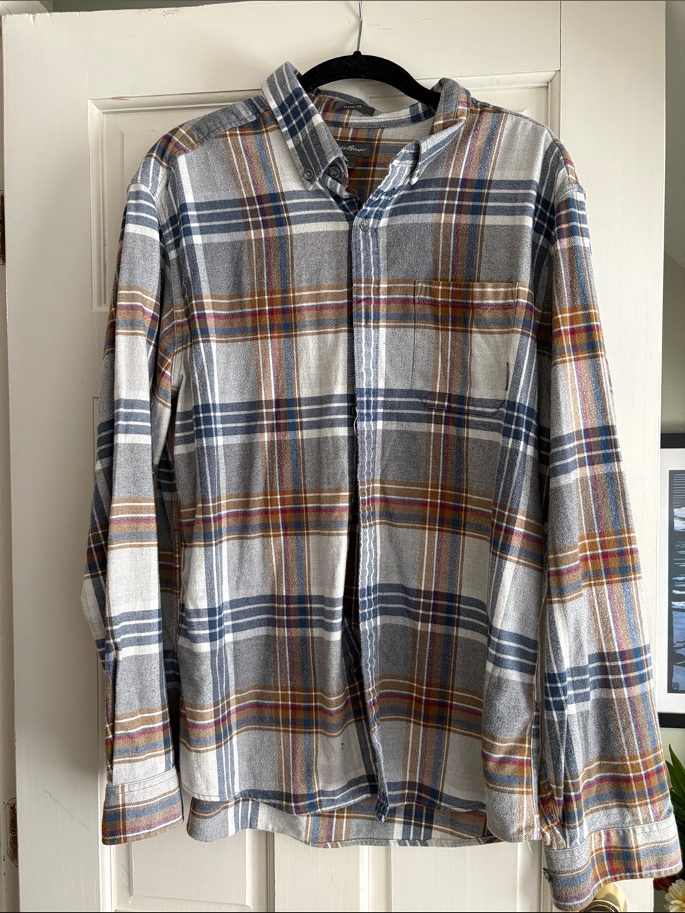Eddie Bauer Men's Plaid Button-Down Shirt — Gray, Blue & Brown Plaid Flannel
